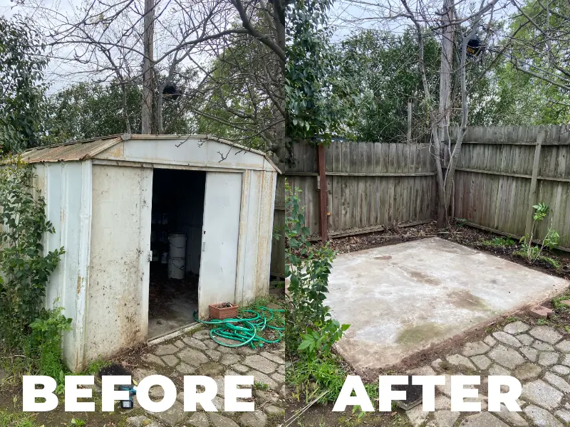 Shed removal before and after by Sactown Junk Removal in Sacramento backyard