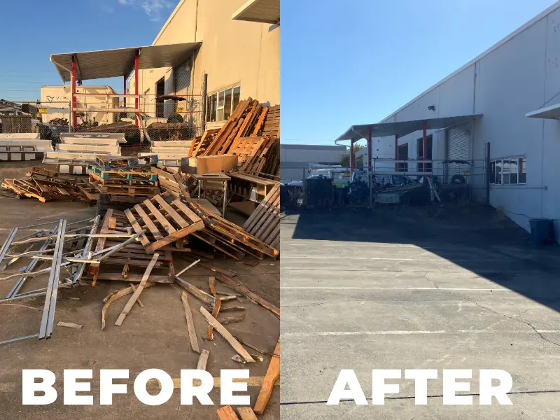 Commercial pallet and scrap wood removal before and after by Sactown Junk Removal in Sacramento